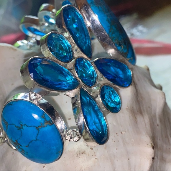Gorgeous Tibetan Turquoise + Blue Topaz cluster statement cuff bracelet - Picture 11 of 15